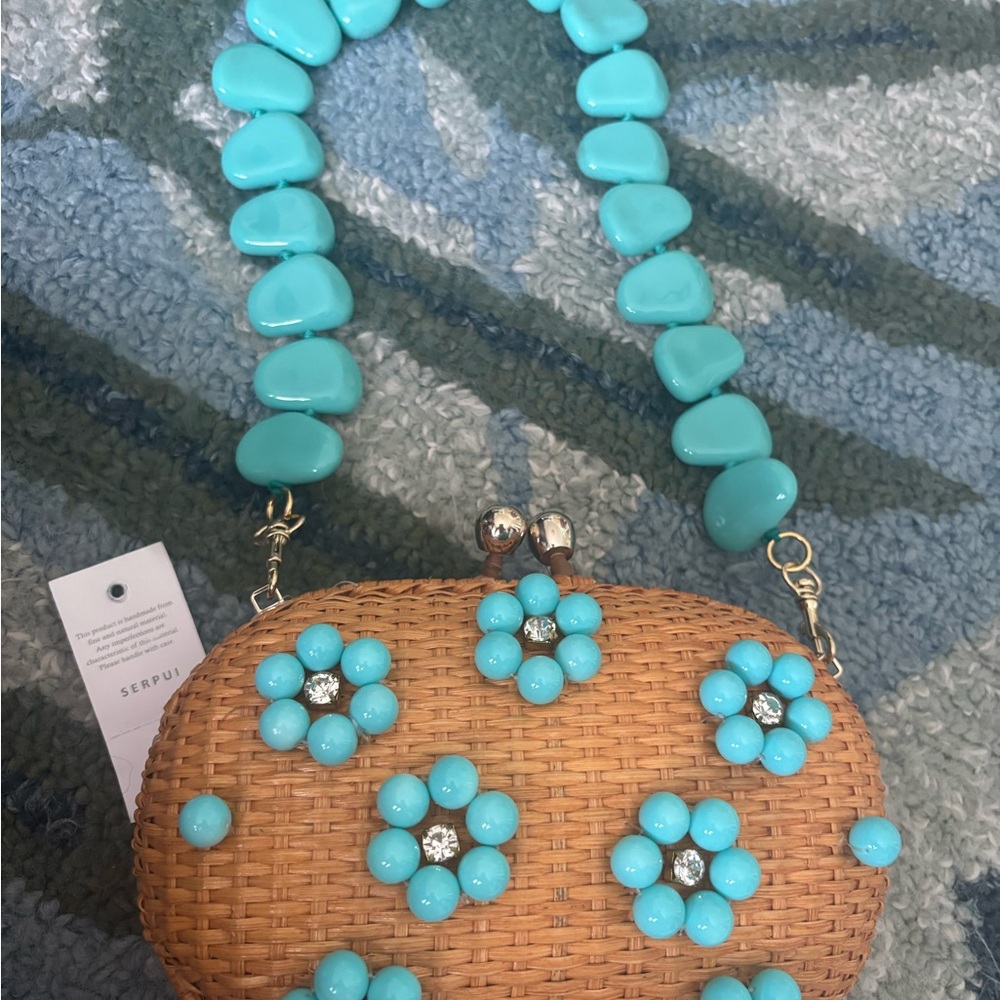 Turquoise and Tan Woven Floral Bag